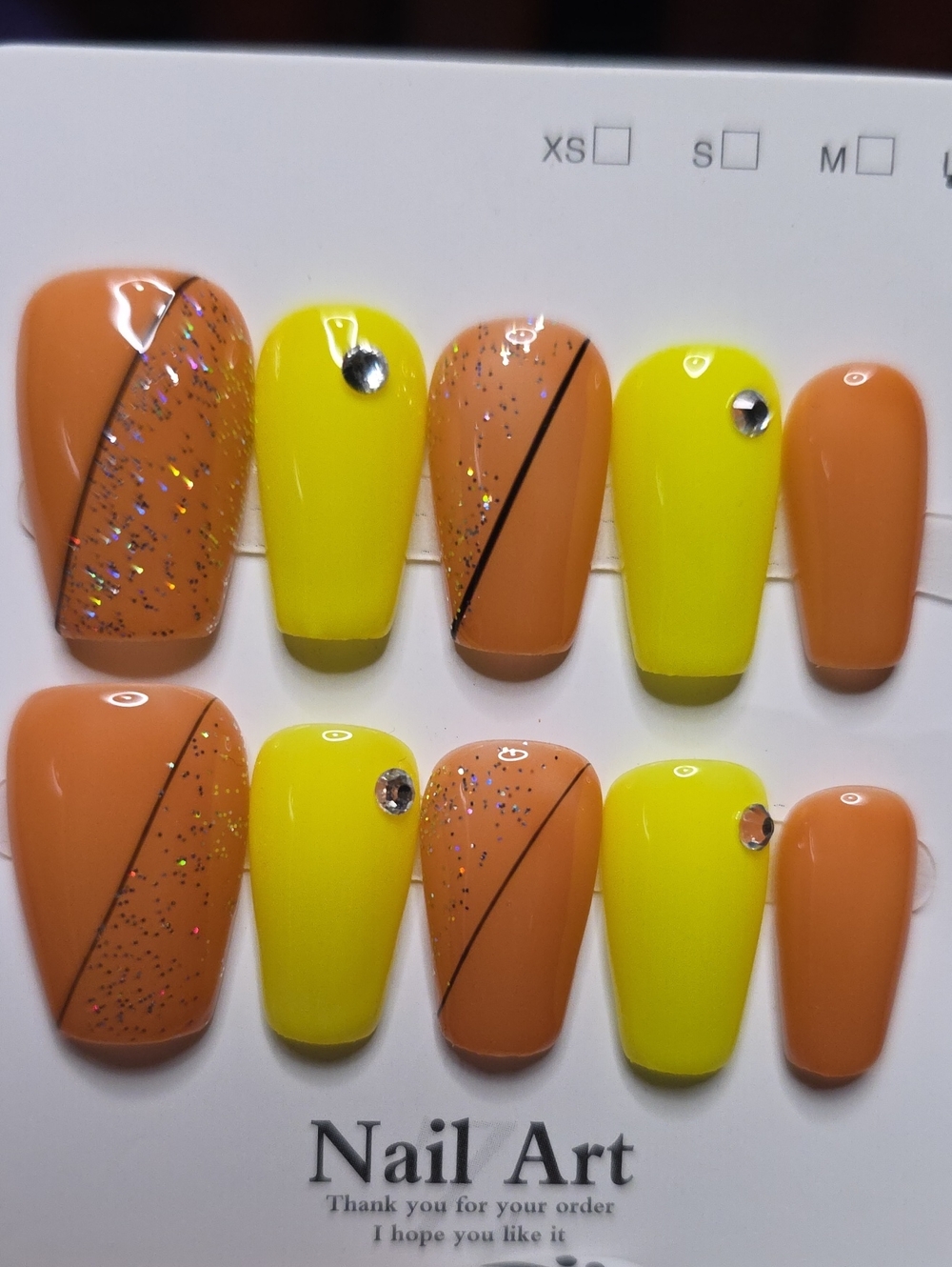 Nail Art Press-On Set in Neon Yellow & Peach with Rhinestones Size Large